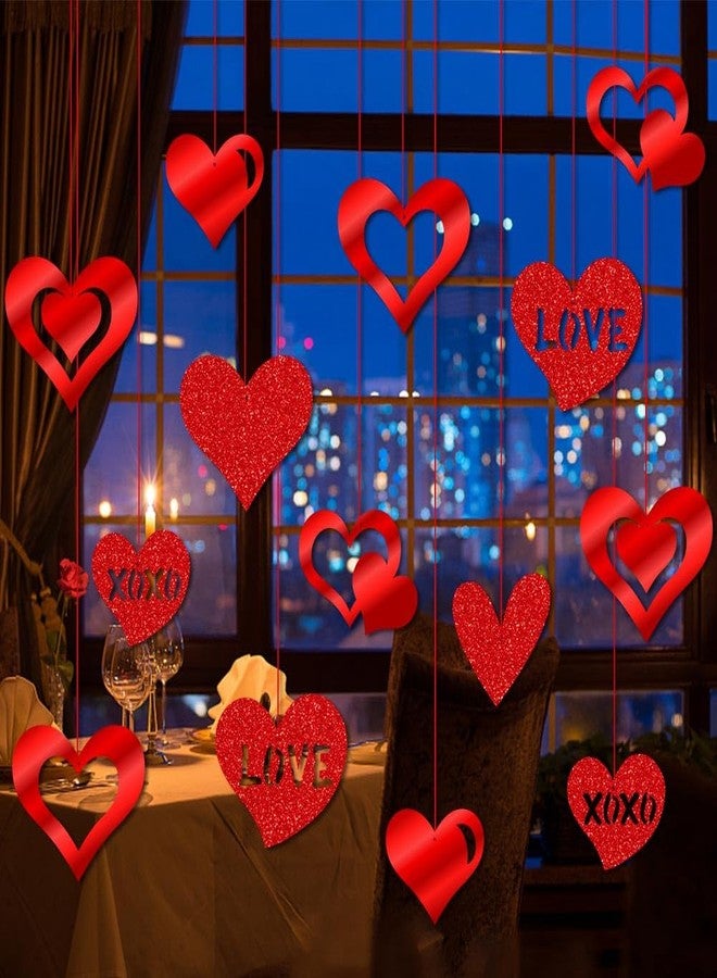 Litmitfu 16 Pack Valentines Hanging Decorations-Valentine Heart Decor, Glitter Valentine Love Hanging Ornaments with Red Ribbons for Valentines Party Indoor Home Office Classroom Decoration Favors - Image 2